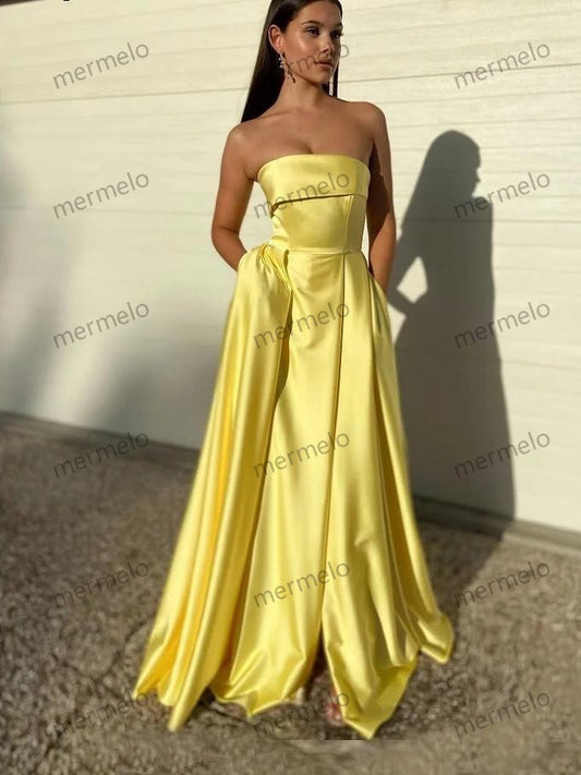 Customized Yellow Satin Evening Gown 2025 Strapless Long A Line Women Prom Dresses Gala Celebrity Formal Gown with Pockets