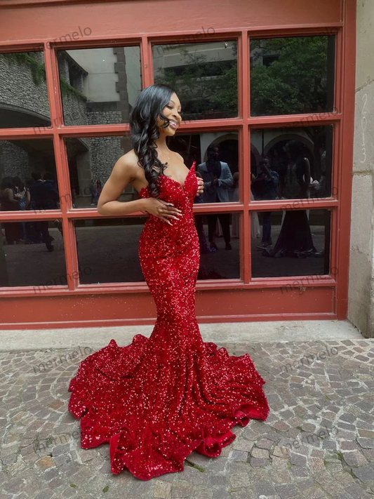 Sexy Mermaid Sweetheart Neckline Sequin Black Girl Red Evening Gown Prom Dresses