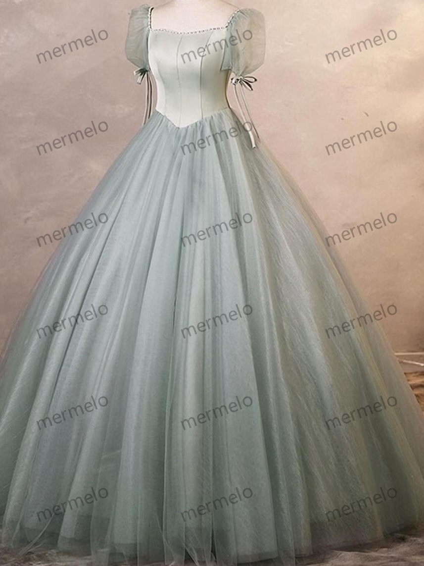French Puffy Sleeve Tulle Prom Dress, Cocktail Party Dress, Prom Dress, Evening Party Dress, Long Ball Gown, Graduation Dress, Party Gown