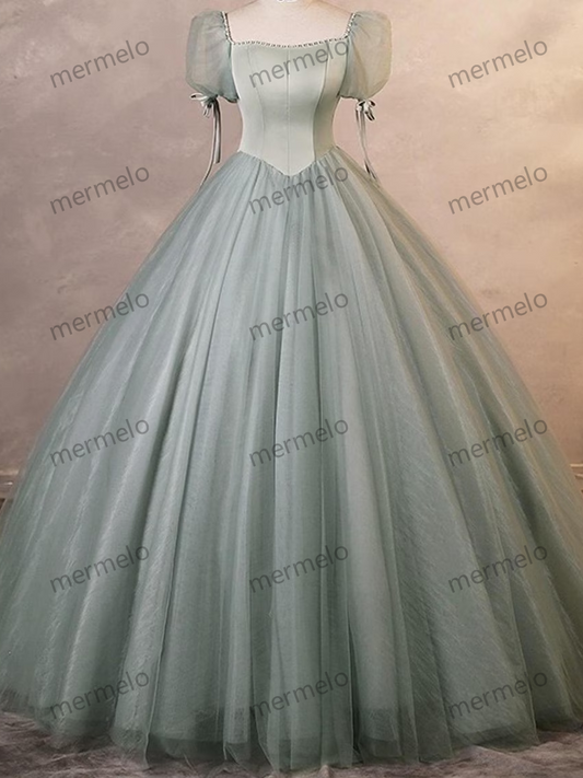 French Puffy Sleeve Tulle Prom Dress, Cocktail Party Dress, Prom Dress, Evening Party Dress, Long Ball Gown, Graduation Dress, Party Gown