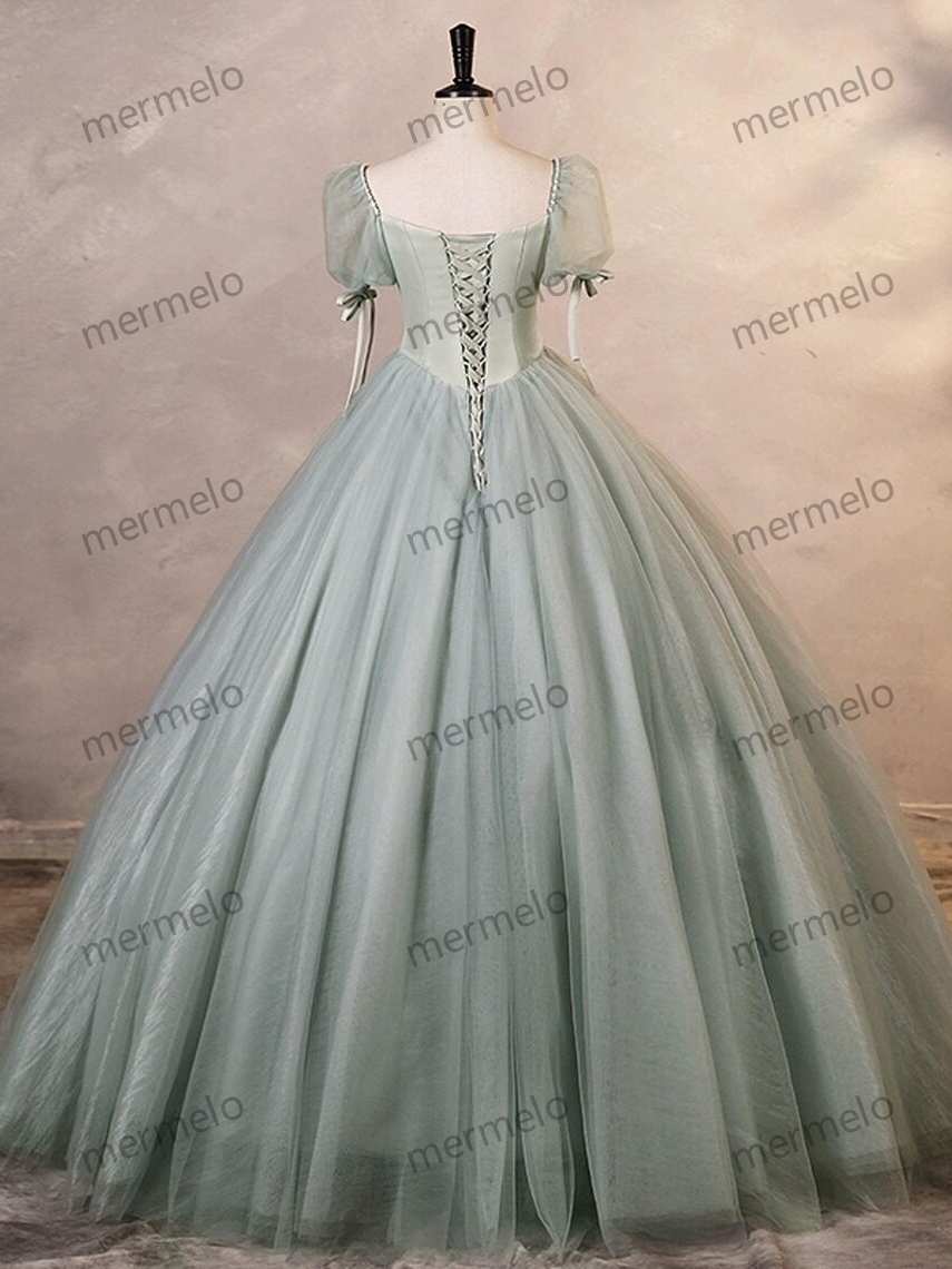 French Puffy Sleeve Tulle Prom Dress, Cocktail Party Dress, Prom Dress, Evening Party Dress, Long Ball Gown, Graduation Dress, Party Gown