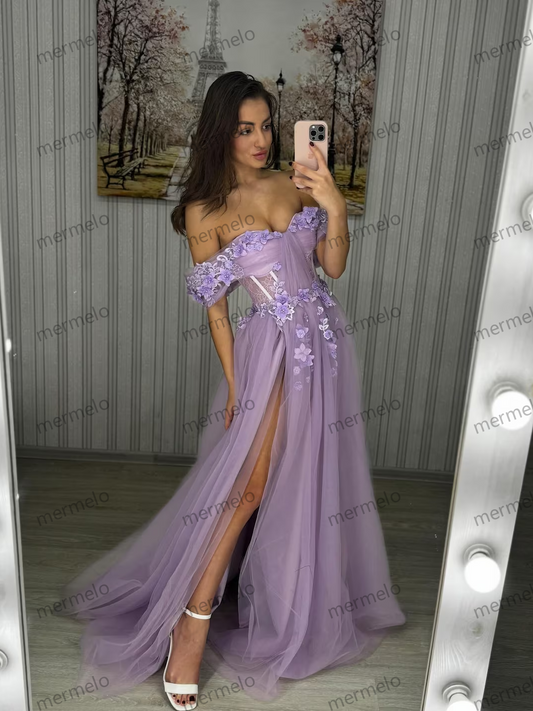 Lavender Off-Shoulder Evening Gown with Floral Appliqué and Thigh-High Slit, Elegant Tulle A-Line Prom Dress, bridesmaid or graduation dress