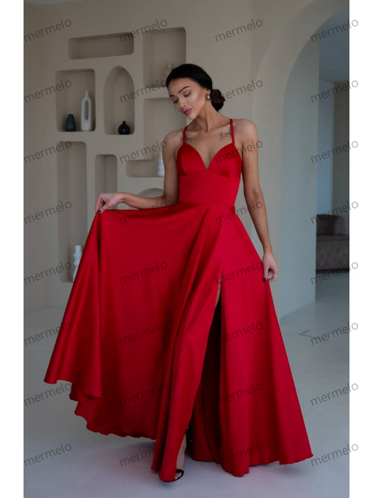 Red Silk Dress With Slit, Red Silk Long Dress, Maxi Prom Dress, Women Silk Maxi Dress, Handmade Dress, Silk Birthday Dress