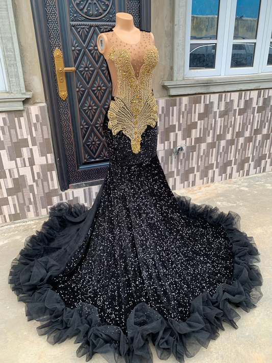 Black and Gold sequins velvet Prom mermaid dress, photo shoot, birthday dress, engagement dress