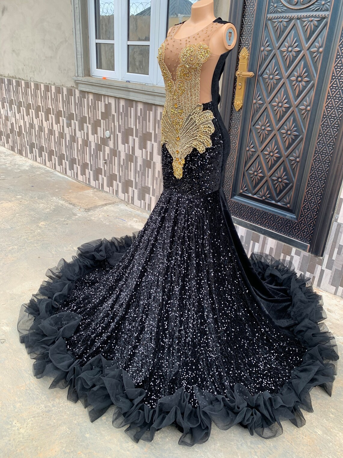 Black and Gold sequins velvet Prom mermaid dress, photo shoot, birthday dress, engagement dress