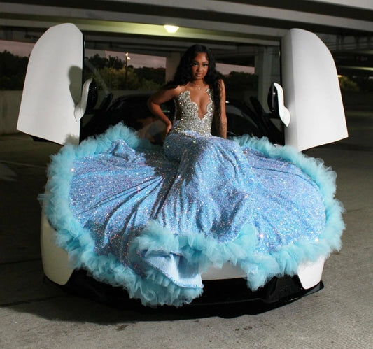 Customized Sexy Sky Blue Sequins Mermaid Prom Dress For Black Girls Crystal Beaded Formal Party Evening Gown