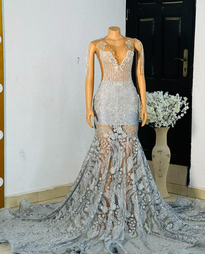 African prom queen dress, silver blue mermaid prom dress, luxury homecoming dress, bridesmaid evening dress, photo shoot & dinner party gown