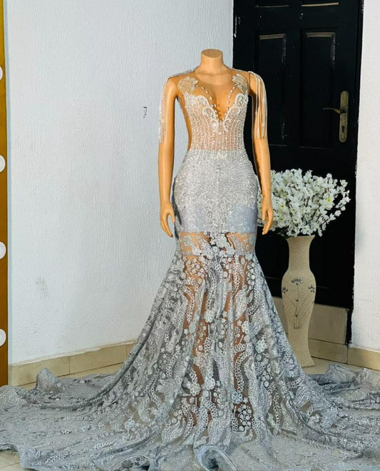 African prom queen dress, silver blue mermaid prom dress, luxury homecoming dress, bridesmaid evening dress, photo shoot & dinner party gown