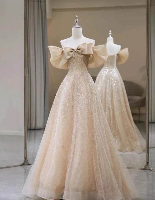 Champagne Sequin Tulle Sequin,Sweep Train Gown,Evening Gowns,Bridesmaid Dress,Wedding Dress,Off Shoulder Lace Formal Long Dress,Design Fee