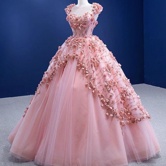 Fairy Pink Floral Prom Dress, Floral Prom Dress, Tulle Prom Dress, Evening Party Dress, Long Ball Gown, Graduation Prom Dress, Party Dress
