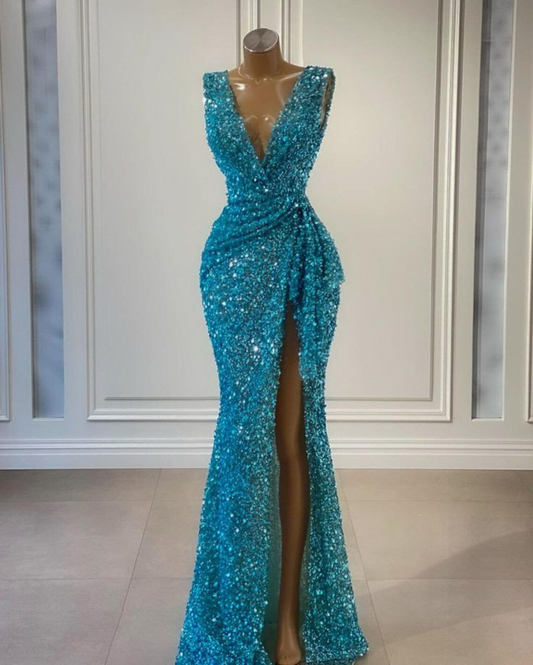 Blue Sequin prom dress, Evening Dresses for women, Prom dress, Sequence dress, African women's wear, Lace dress