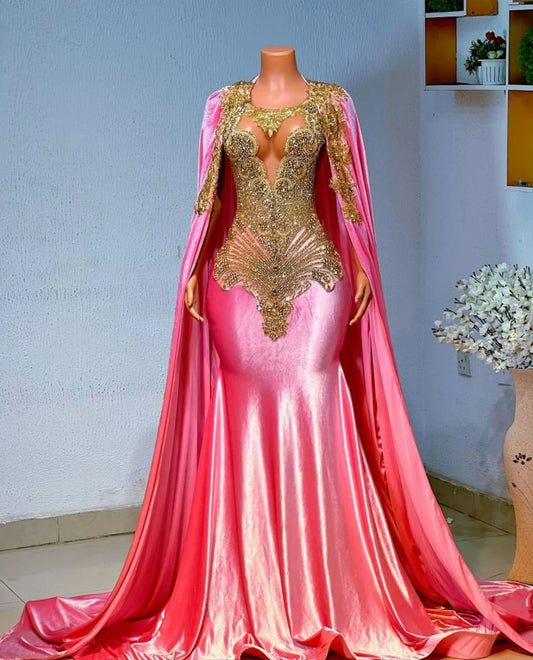 African prom dress, unique prom dress, luxury mermaid prom dress and cape, velvet evening gown, birthday photoshoot gown, dinner party gown