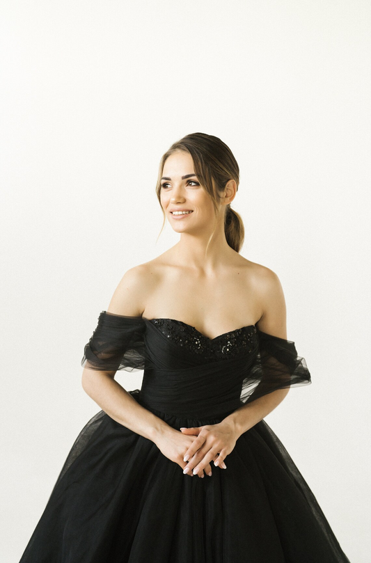 Black Wedding Dress,Off Shoulder Corset Dress, BLack Bridal Gown, Elegant Evevning Dress, Engagement Wedding Dress, Eloping Bridal Gown