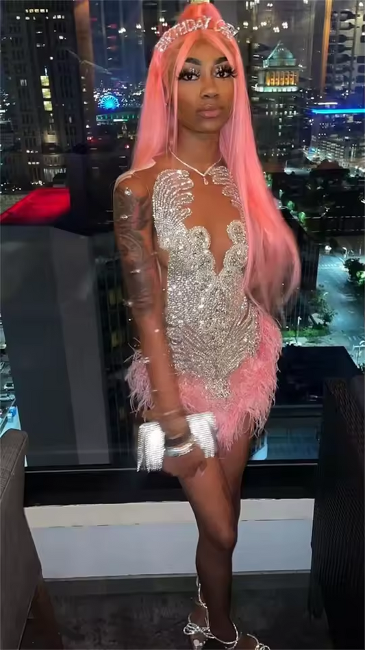 Sexy Sparkly Diamonds Short Prom Dress For Black Girls Glitter Crystals Beading Feathers Birthday Cocktail Party Customized