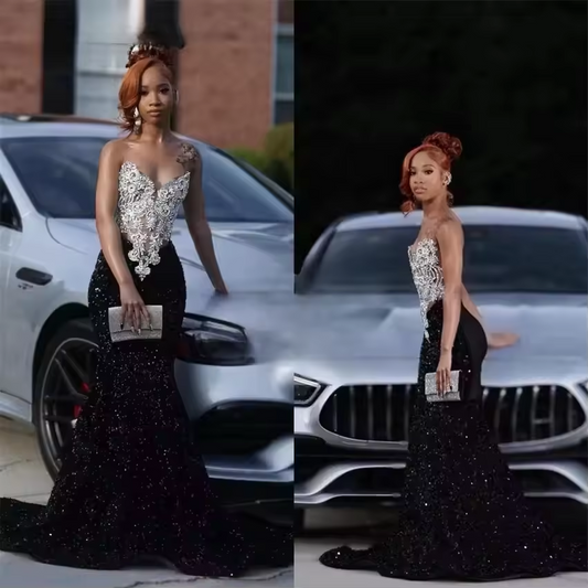 Sparkly Black Sweetheart Diamonds Long Mermaid Prom Dresses Glitter Crystal Beading Sequins Evening Gown Robe Customized