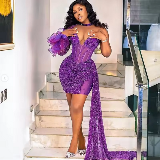 Elegant Purple Sequins Beaded Short Prom Dress with Side Train Black Girls Women's Dresses Sheer V Neck Party Gowns