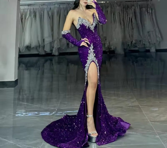 Eightale Purple Sequin Evening Dress With Gloves High Slit Beaded Sweetheart Prom Dress Dubai Formal Party Gown Customized