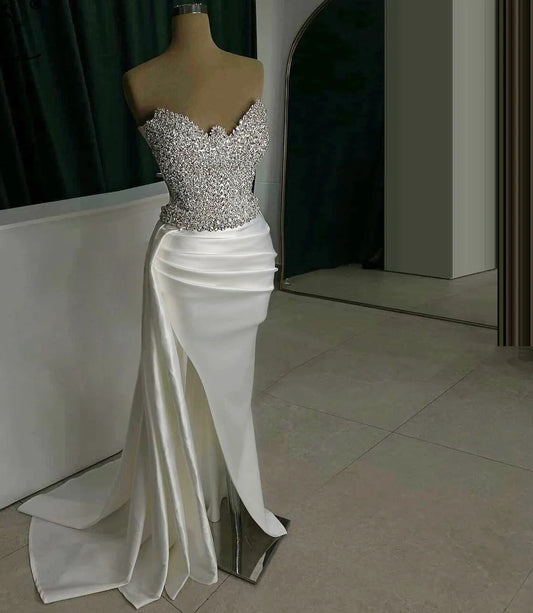 Sexy White Mermaid Evening Dresses Sweetheart High Split Crystals Wedding Party Gowns Boho Beach Bridal Prom Dress Customized