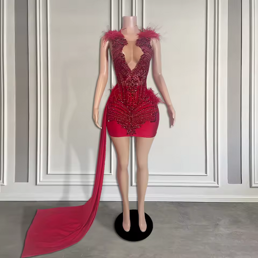 Luxury Red Diamond Short Prom Dress with Side Train Sexy Sheer Neck Feather Black Girl Birthday Party Homecoming Gown Customized