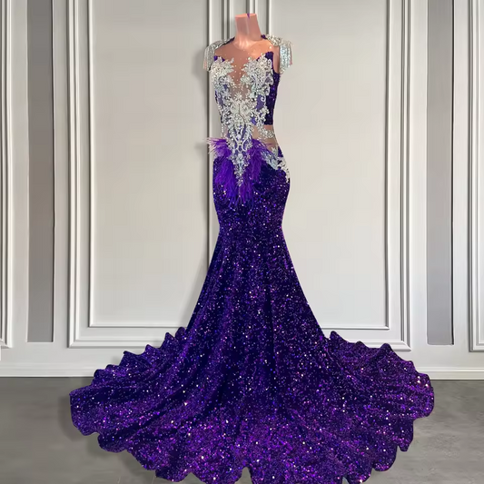 Long Purple Sequin Prom Dresses for Black Girls Cut Out Luxury Beaded Crystal Feather Mermaid Prom Gala Gowns Customized