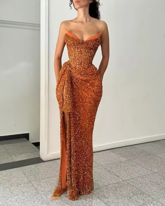 Hot Orange Sequin Prom Dresses Sheath High Side Slit Satin Celebrity Party Dress Special Occasion Long Prom Gown For Sexy Women