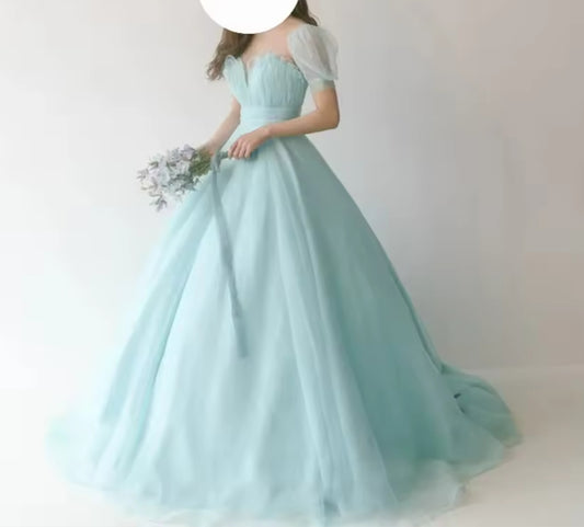 Fairy Tulle A Line Korea Evening Dresses Wedding Photo shoot Puff Short Sleeves Princess Party Bride Gowns Customized