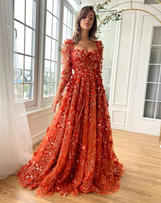 Customize Red 3D Flowers Lace robes de soirée Long Sleeves Backless Strapless Prom Dresses Floor-Length Wedding Dress