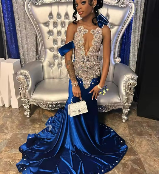 Sexy Royal Blue See Thru Prom Dresses For Blackgirls Mermaid Dress Party Evening Elegant Celebrity Rainbow Customized