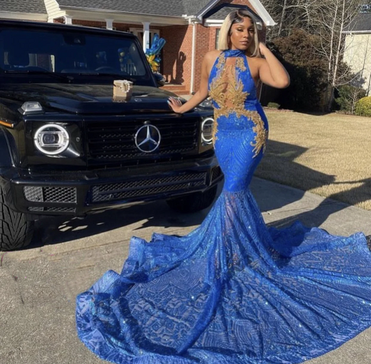 Sparkly Royal Blue Sequin Prom Dress Black Girls Luxury Mermaid Golden Bead Appliques Evening Party Gala Graduation Gown
