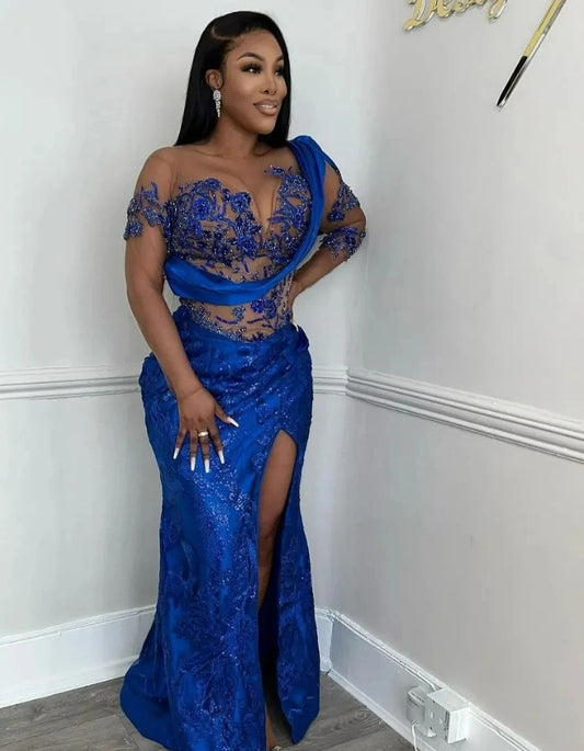 Royal Blue Aso Ebi African Evening Dresses Mermaid One-shoulder Lace Slit Long Dubai Saudi Arabic Black Girls Evening Gown Prom