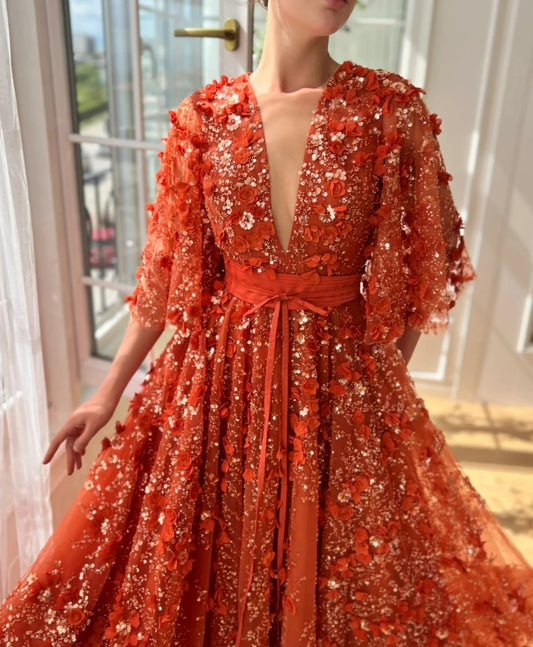 Glitter A Line Evening Dress Charming Appliques Beading Cocktail Half Sleeves Customized Luxurious Party Birthday Prom Gown