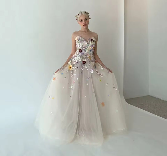 Princess Strapless Evening Dress 3D Lace Appliques Wedding Photo Shoot Prom Gowns Tulle Corset Back Formal Party Dress