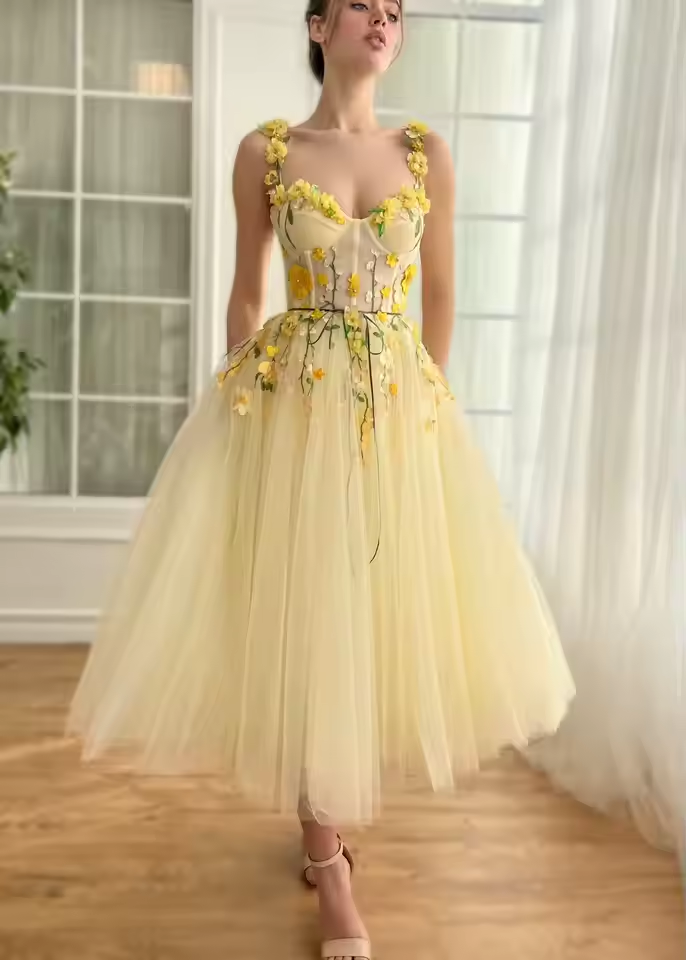 Spaghetti Straps 3D Flower Cocktail Dresses Lace Appliques Sleeveless Homecoming Gowns A-line Tea-length Prom Gowns customized