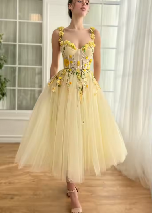 Spaghetti Straps 3D Flower Cocktail Dresses Lace Appliques Sleeveless Homecoming Gowns A-line Tea-length Prom Gowns customized