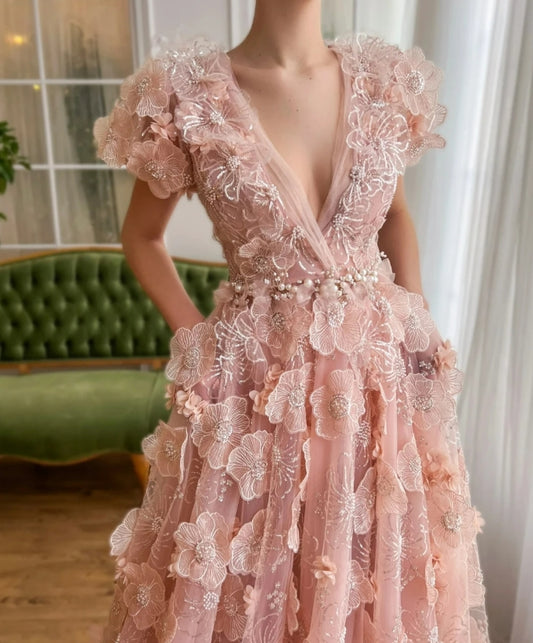 Rose Pink Lace 3D Flowers V Neck Prom Dress Pearls Evening Dresses Cocktail A-line Formal Events Customized Women Party Gown