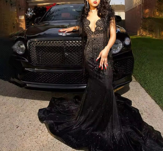 Sequin Rhinestone Black Prom Dresses Beading Crystal Mermaid Evening Party Dress Feather Long Formal Vestidos De Graduación