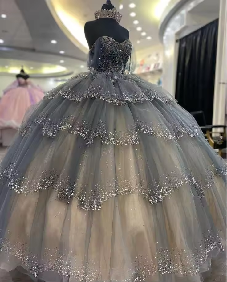 Grey Silver Princess Quinceanera Dresses Sparkly Crystal Beaded Corset Sweet 16 vestido aniversário de 15 anos Prom customsized