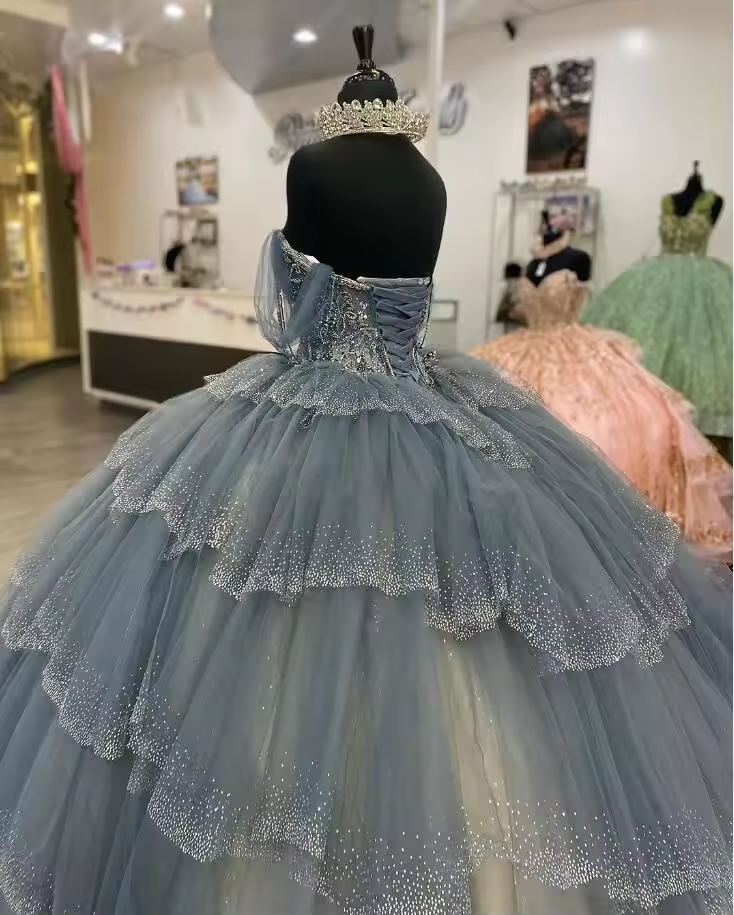 Grey Silver Princess Quinceanera Dresses Sparkly Crystal Beaded Corset Sweet 16 vestido aniversário de 15 anos Prom customsized