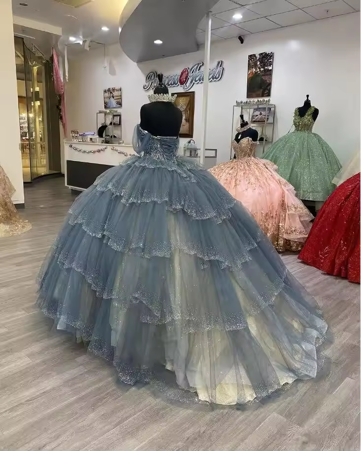 Grey Silver Princess Quinceanera Dresses Sparkly Crystal Beaded Corset Sweet 16 vestido aniversário de 15 anos Prom customsized