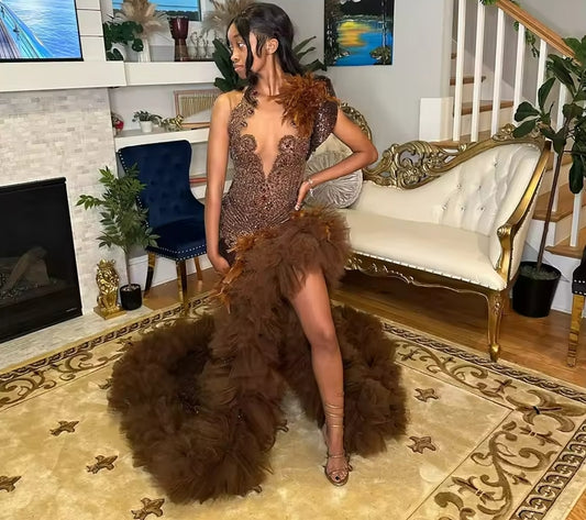Brown O N Sequin Long Prom Dresses Bead Crystal Birthday Luxury Dress Feather Ruffles Evening Dresses With Split Customized