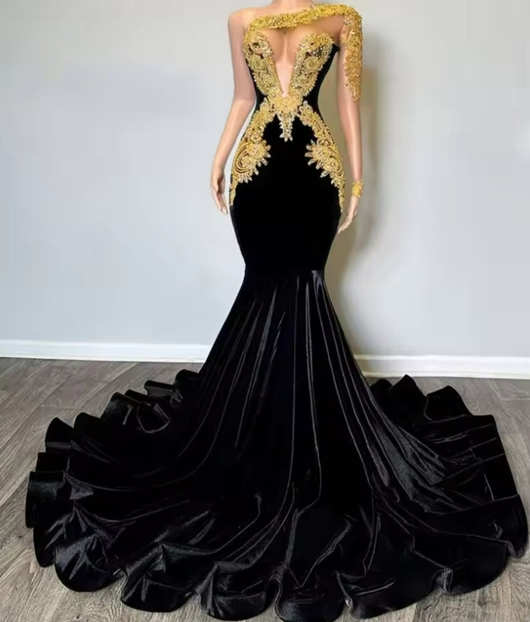 Gold Beaded Lace Appliques One Shoulder Long Sleeve Black Velvet Prom Dresses For Party Wedding Evening Black Girls Customized