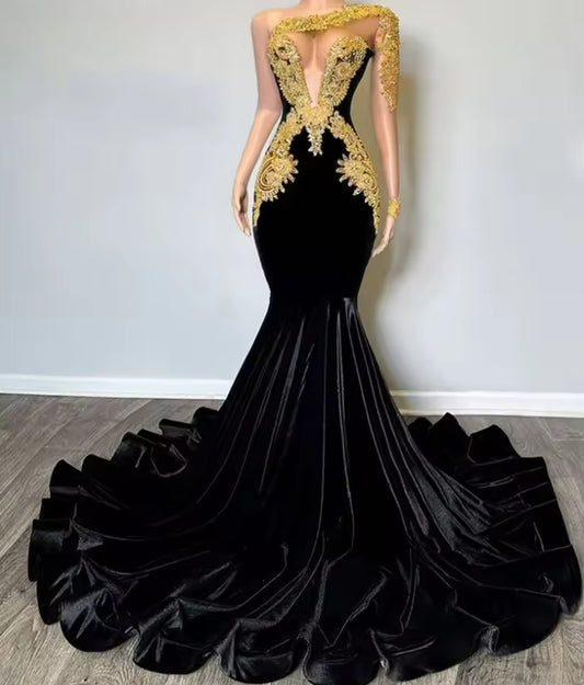 Gold Beaded Lace Appliques One Shoulder Long Sleeve Black Velvet Prom Dresses For Party Wedding Evening Black Girls Customized