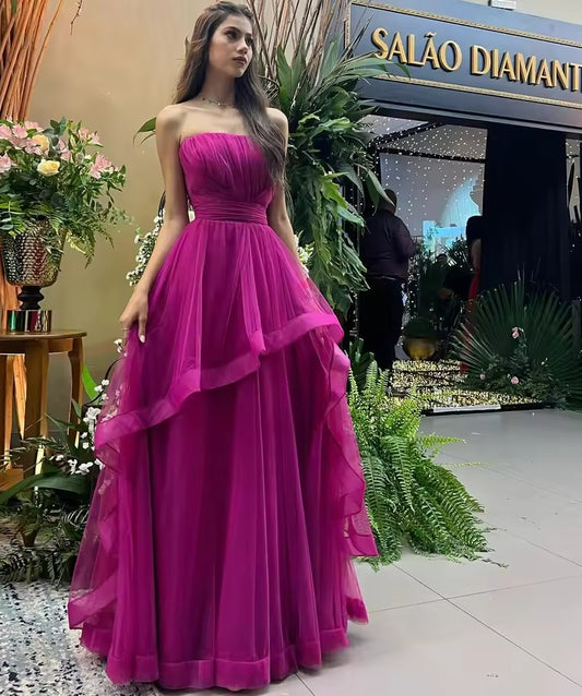 A Line Tulle Fuchsia Prom Dresses Strapless Ruffles Women Evening Party Gowns Customized Pleat Formal Bridesmaid Wear