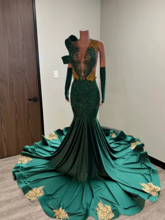 Luxury Green Mermaid Evening Dress Beading Crystal Birthday Robe Shining Fancy Clothes Sequins Appliques Customized