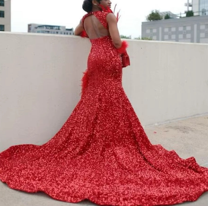 Red Sequin Evening Dress With Beaded Crystal Spark Feather Prom Gown For Black Girl Sexy Slit Formal Pageant Birthday Customized