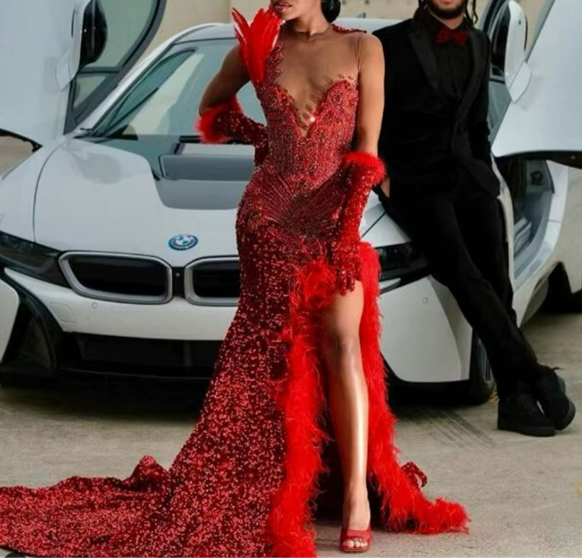 Red Sequin Evening Dress With Beaded Crystal Spark Feather Prom Gown For Black Girl Sexy Slit Formal Pageant Birthday Customized