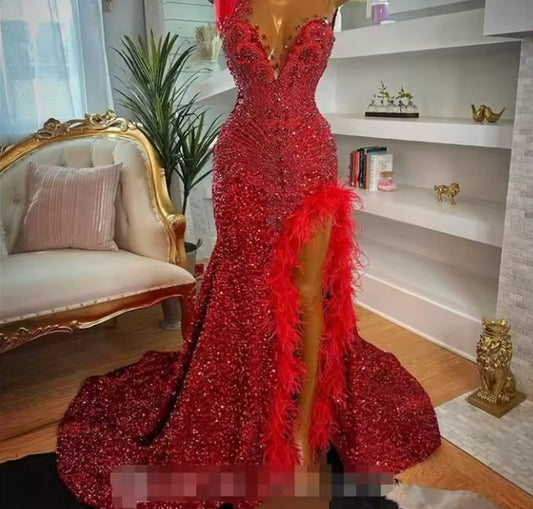Red Sequin Evening Dress With Beaded Crystal Spark Feather Prom Gown For Black Girl Sexy Slit Formal Pageant Birthday Customized