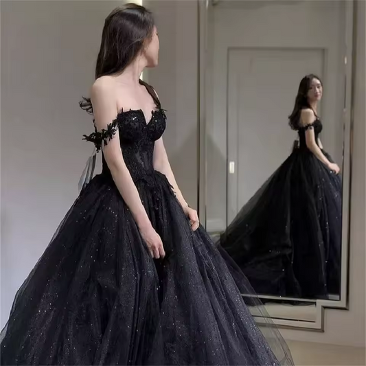 Black Sexy Prom Dress Sweetheart Off the Shoulder A-Line Tulle Lace Applique Backless Evening Gowns for Women Customized