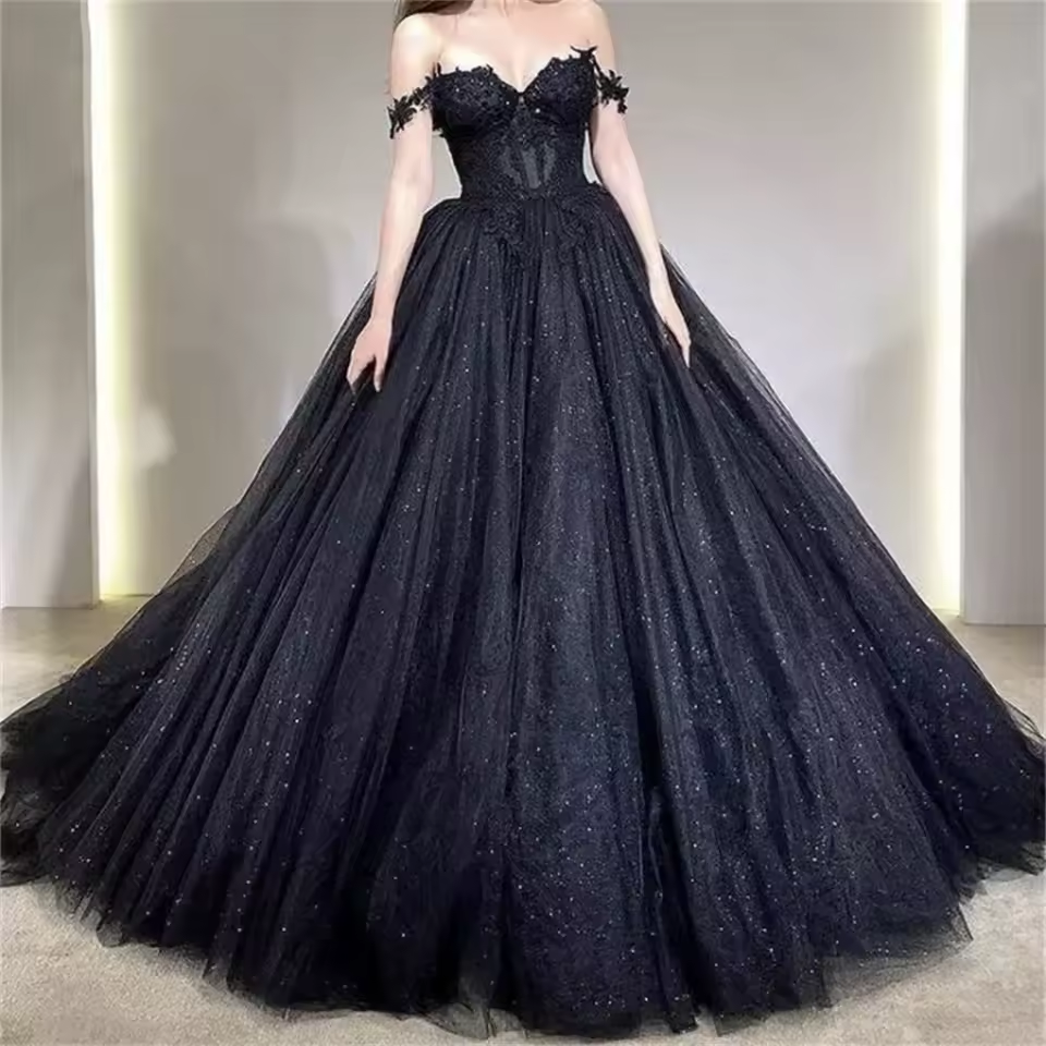 Black Sexy Prom Dress Sweetheart Off the Shoulder A-Line Tulle Lace Applique Backless Evening Gowns for Women Customized