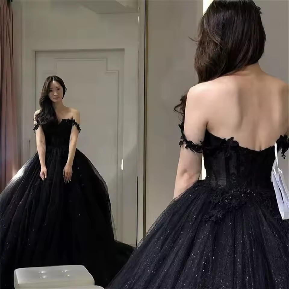 Black Sexy Prom Dress Sweetheart Off the Shoulder A-Line Tulle Lace Applique Backless Evening Gowns for Women Customized
